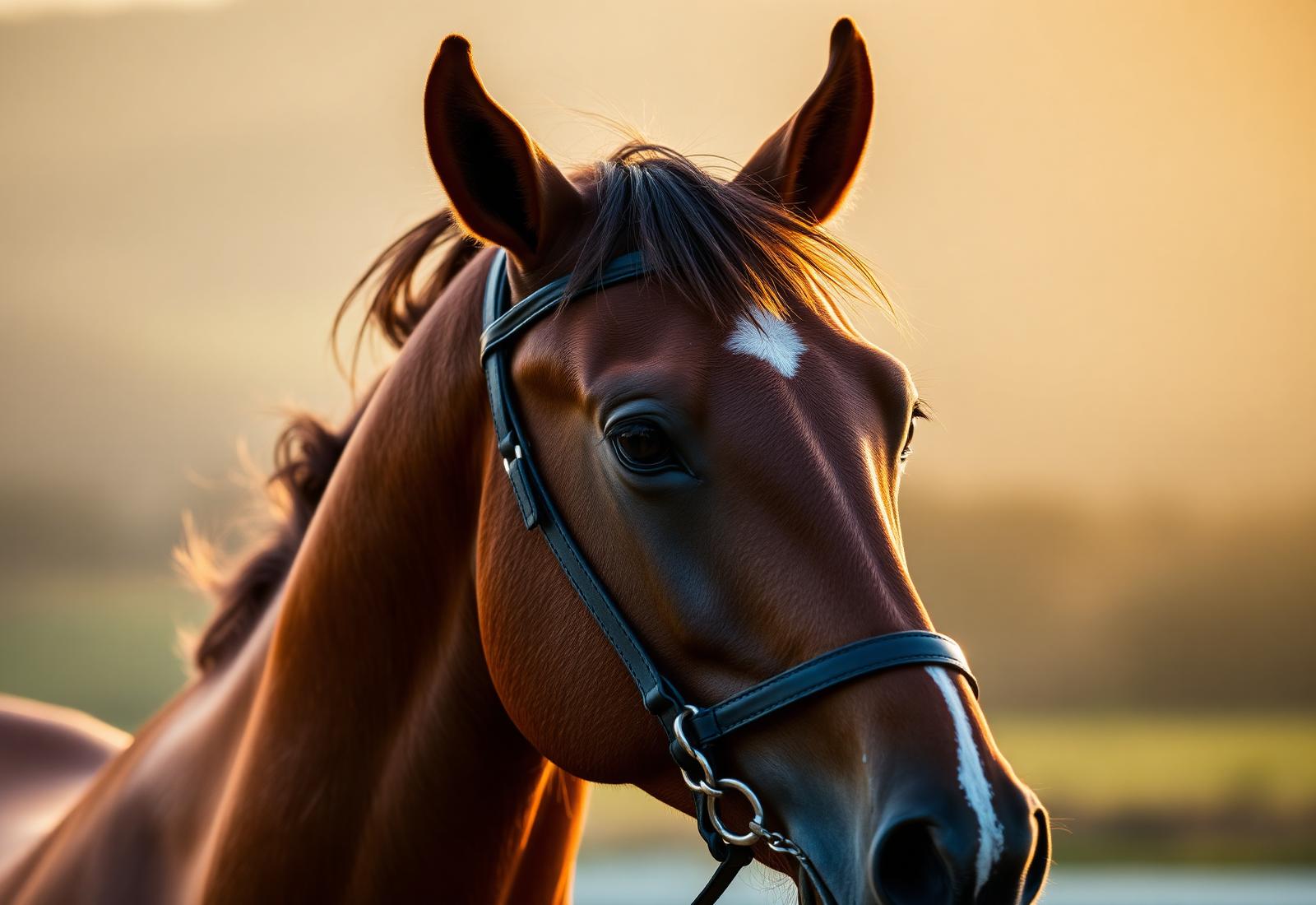 Bay showjumping horse portrait at golden hour